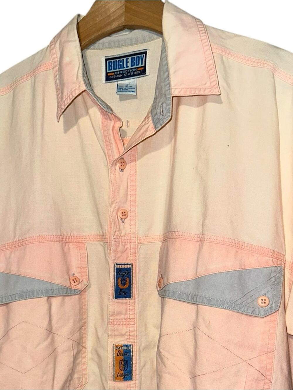Bugle Boy Vintage Men’s Size M Pale Pink Blue Detail Casual Button Down Shirt